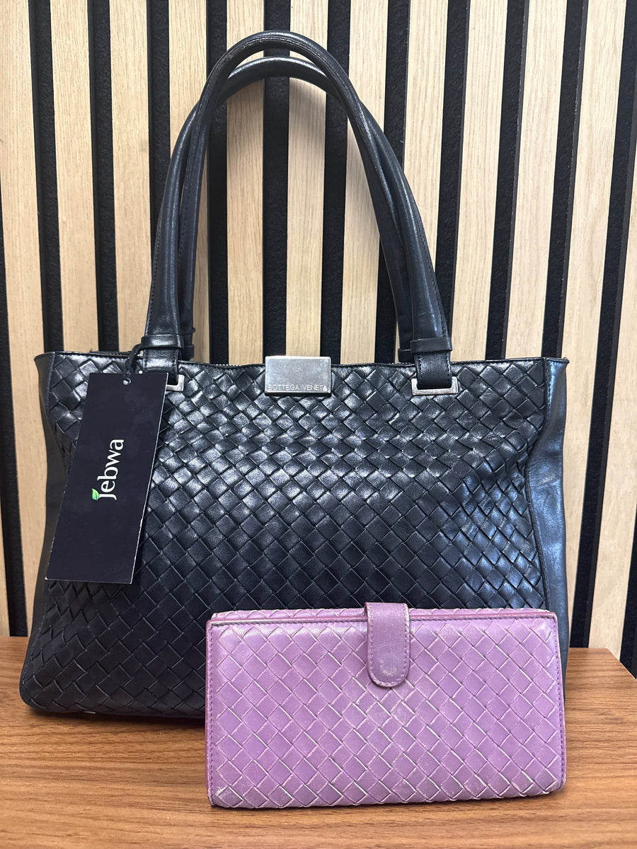 Bottega Intrecciato Black Bag & Purple Wallet Bundle