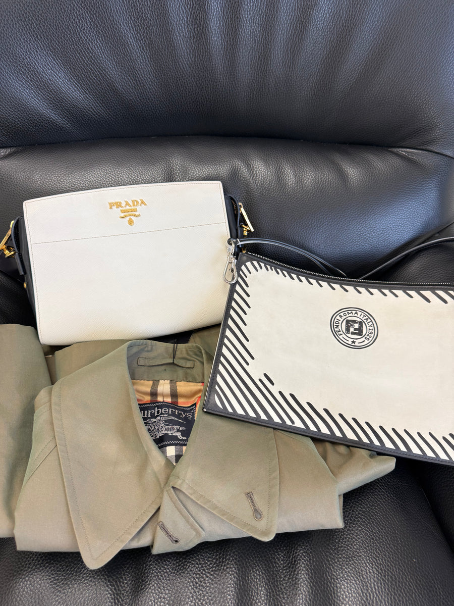 Burberry Trench Coat, Prada Crossbody, Fendi Pouch