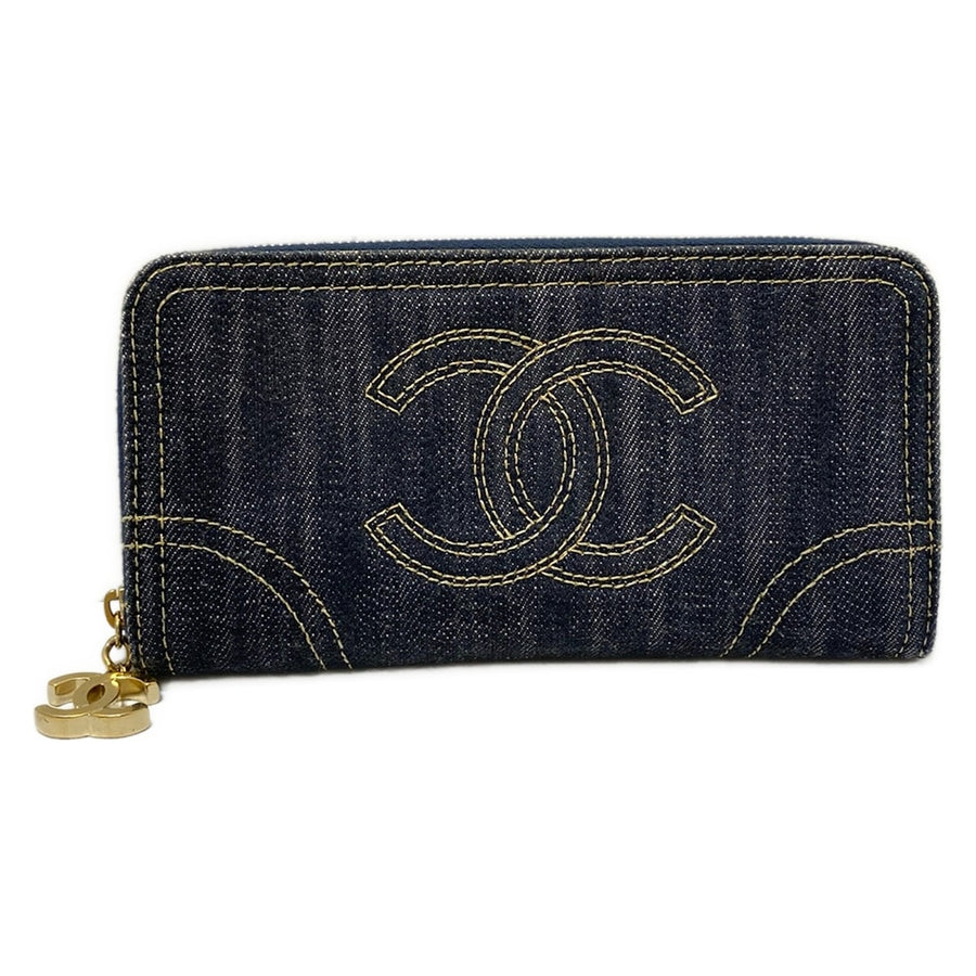 Chanel Long Wallet Navy Beige Denim