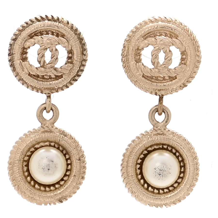 Chanel Pearl Cc Dangle Earrings Gold
