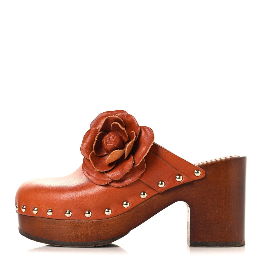 Chanel Calfskin Camellia Clogs 36 Brown