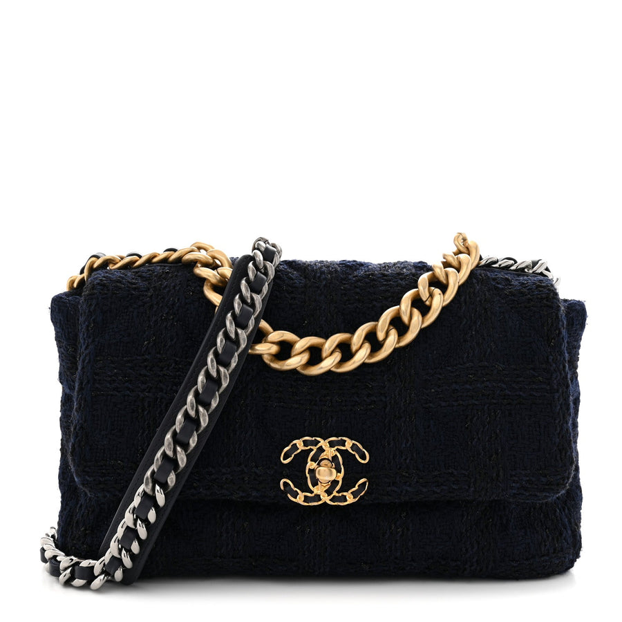 Tweed Quilted Large Chanel 19 Flap Navy