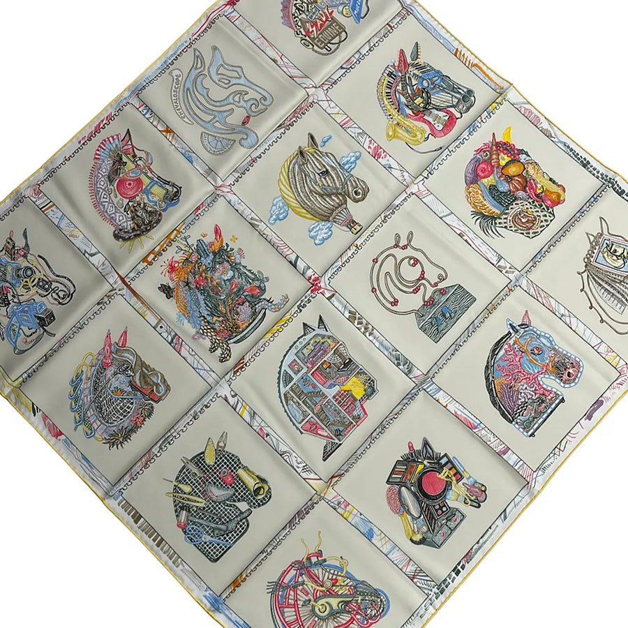Hermes Carre 90 Cream White Multi Scarf