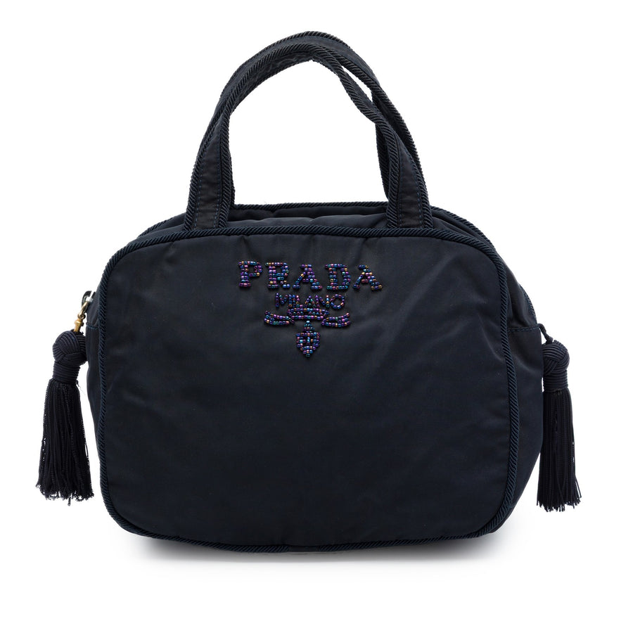 Prada Tessuto Beaded Logo Tassel Handbag