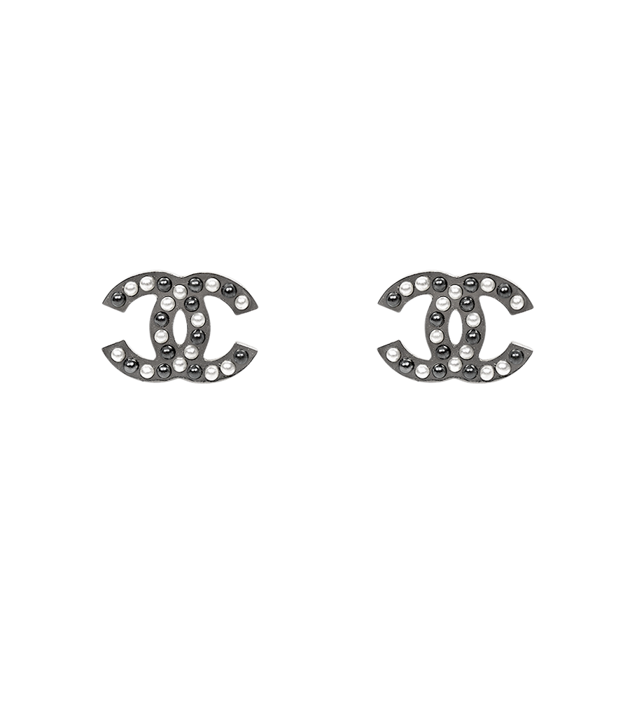 Chanel Pearl Cc Silver Stud Earrings