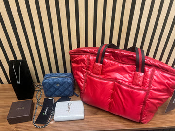 Ltd edition Chanel camera bag, YSL wallet, Gucci sterling silver necklace and Bottega puffer bag bundle