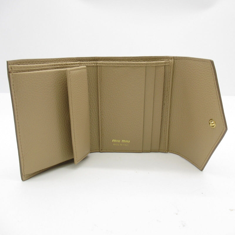 Miu Tri-Fold Wallet Purse Leather Beige