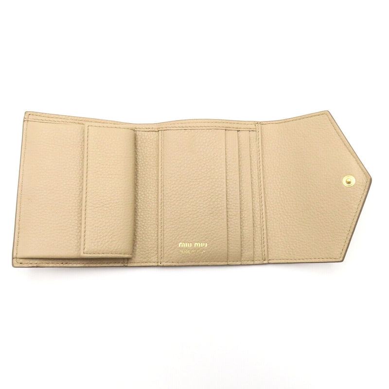 Miu Two Fold Wallet Purse Leather Beige