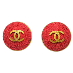 Chanel Button Earrings Clip-On Red Gold