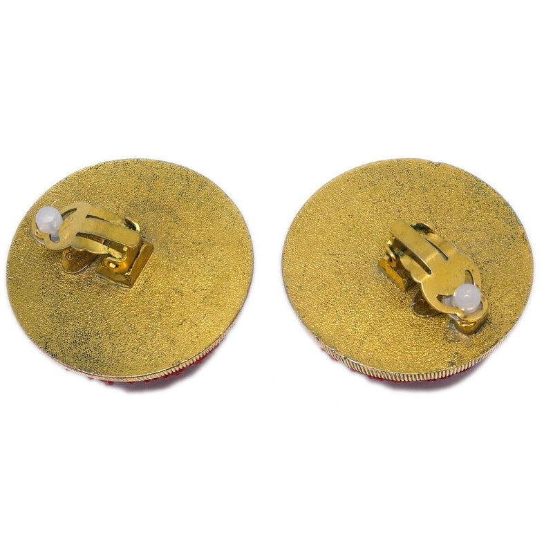 Chanel Button Earrings Clip-On Red Gold