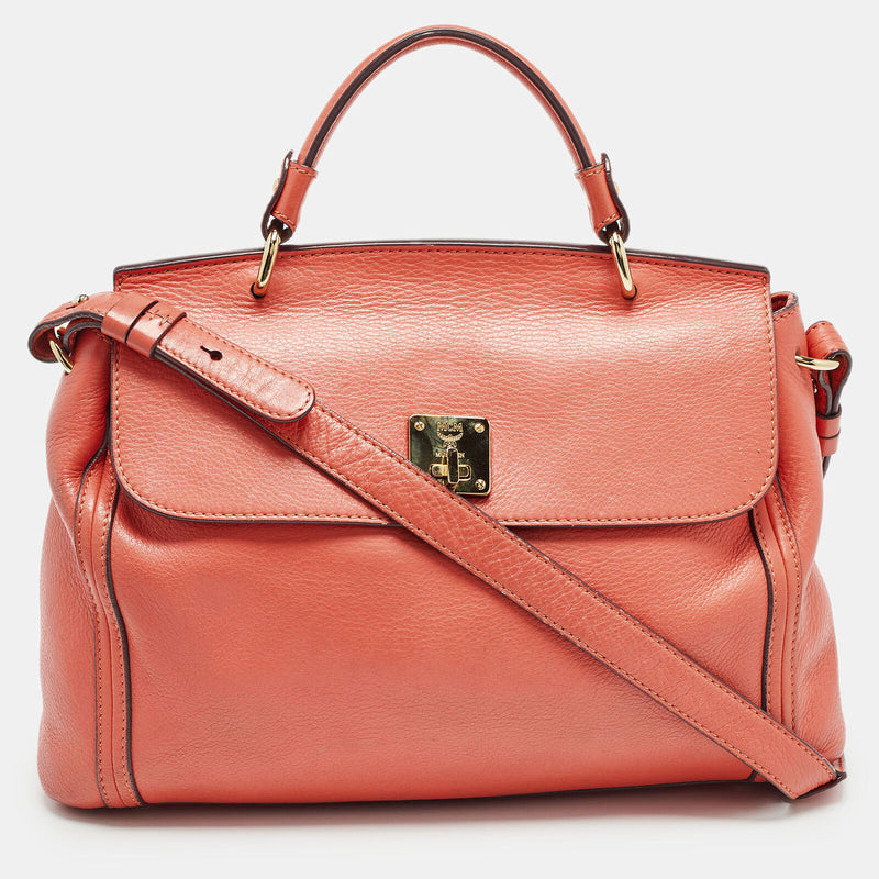 Mcm Orange Leather Turn Lock Flap Top