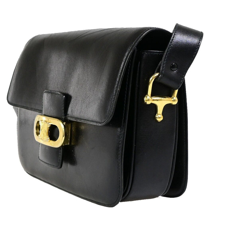 Celine Logo Shoulder Bag Leather Black