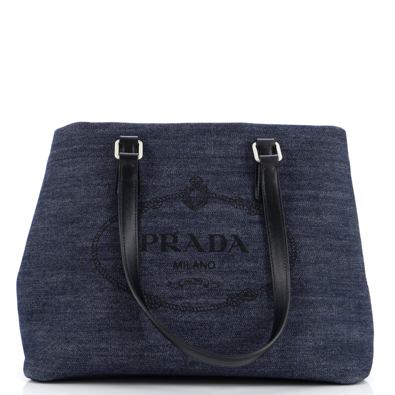 Prada Logo Open Tote Denim With Leather