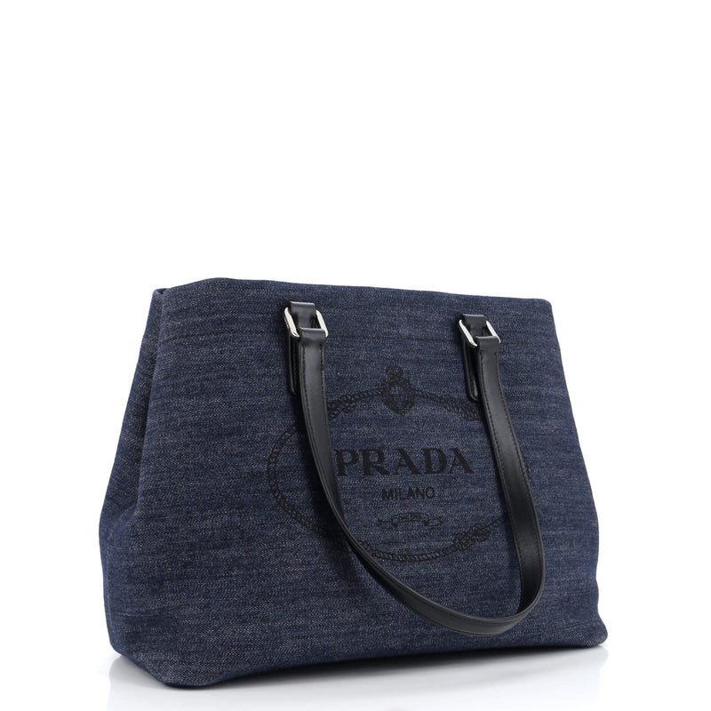 Prada Logo Open Tote Denim With Leather