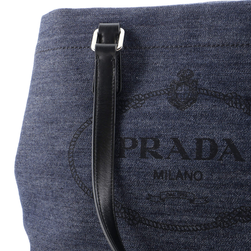 Prada Logo Open Tote Denim With Leather