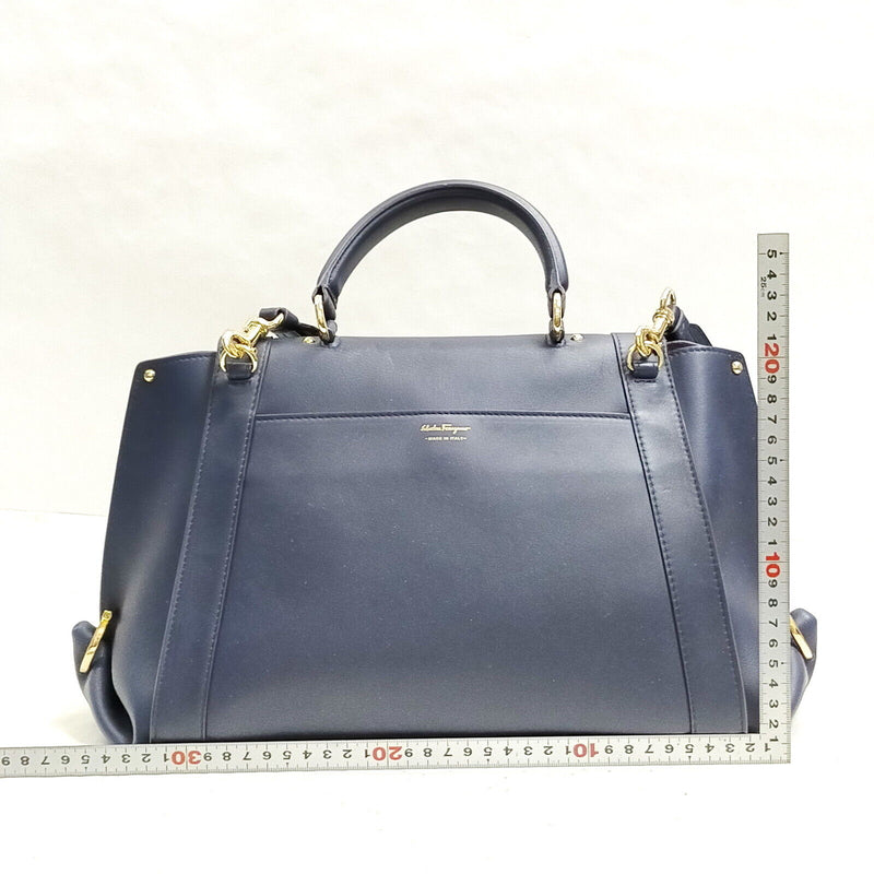 Ferragamo Hand Bag Navy Blue Leather