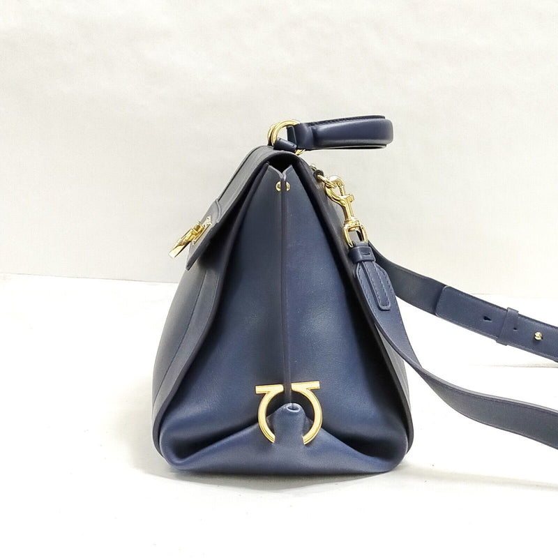 Ferragamo Hand Bag Navy Blue Leather