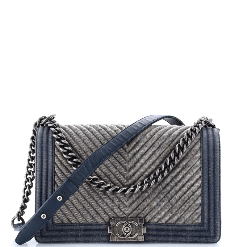 Chanel Boy Flap Bag Chevron Denim New