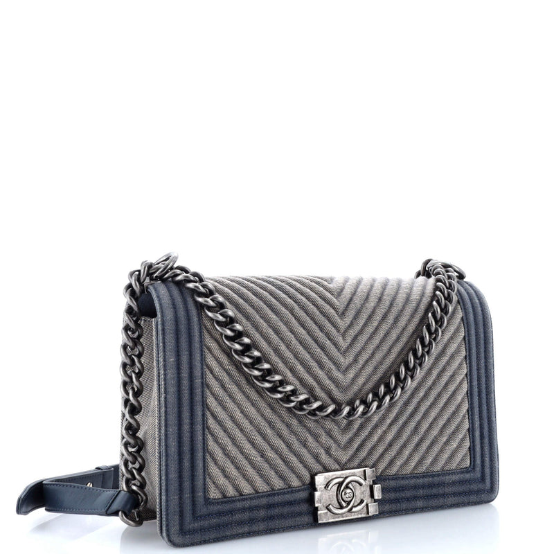 Chanel Boy Flap Bag Chevron Denim New
