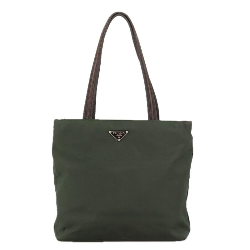 Prada Tote Bag Nylon Khaki Brown Silver