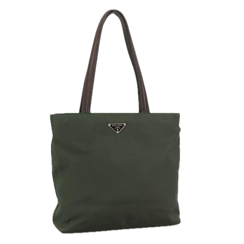 Prada Tote Bag Nylon Khaki Brown Silver