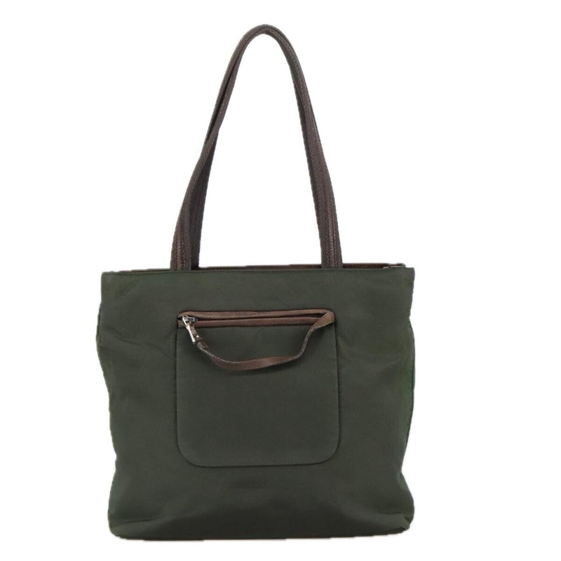 Prada Tote Bag Nylon Khaki Brown Silver