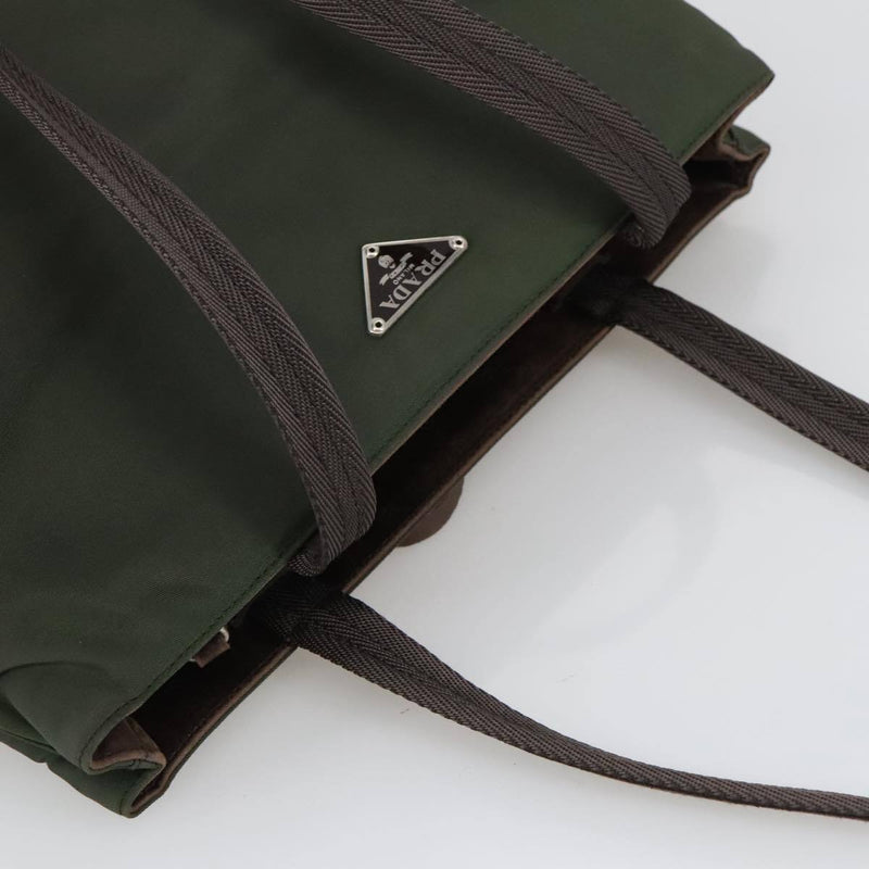 Prada Tote Bag Nylon Khaki Brown Silver