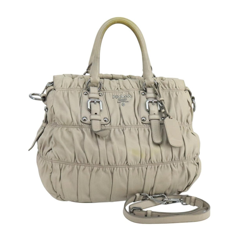 Prada Hand Bag Leather 2Way Beige Silver