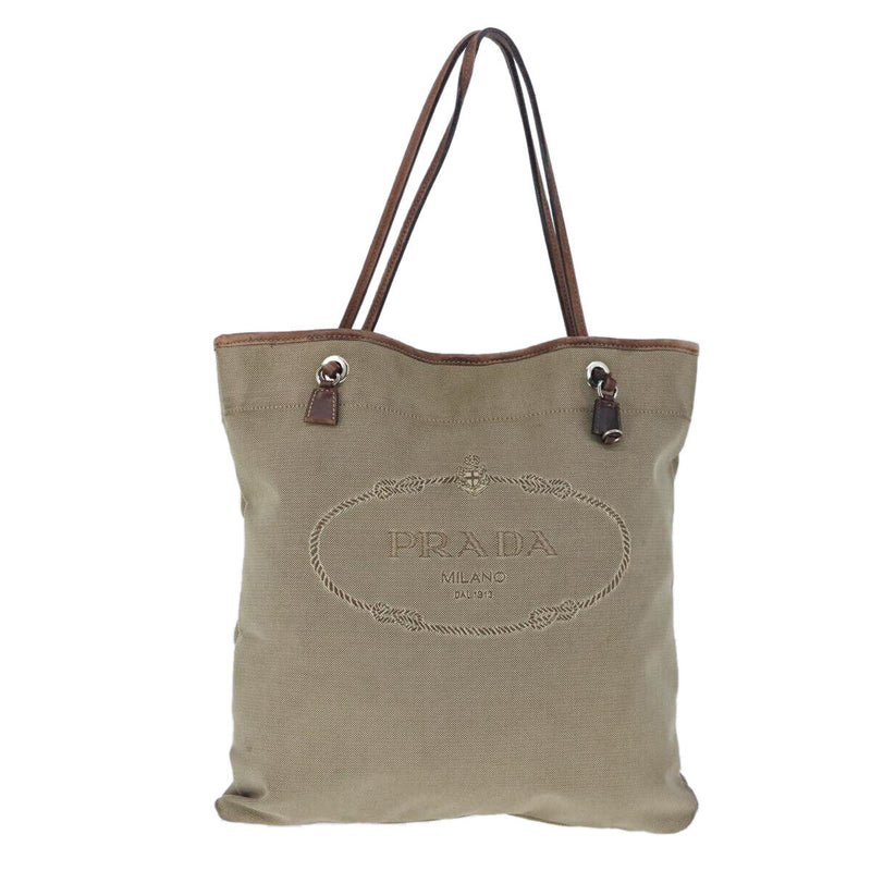 Prada Tote Bag Canvas Beige Silver