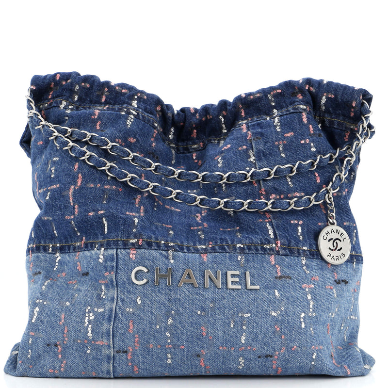 Chanel 22 Chain Hobo Denim With Sequins