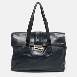 Fendi Navy Blue Glossy Leather Ff Flap