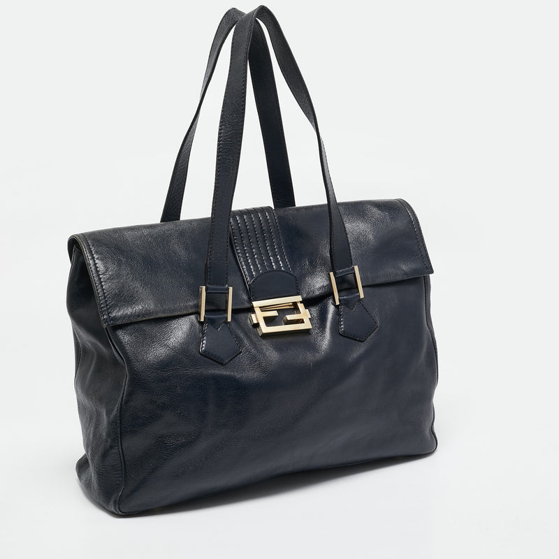 Fendi Navy Blue Glossy Leather Ff Flap