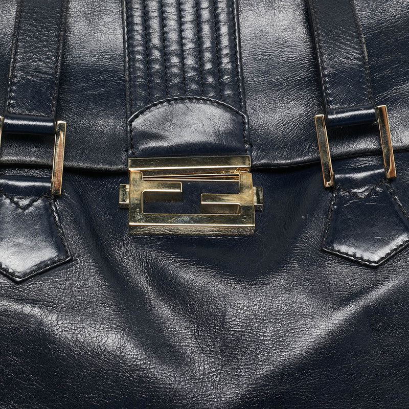 Fendi Navy Blue Glossy Leather Ff Flap