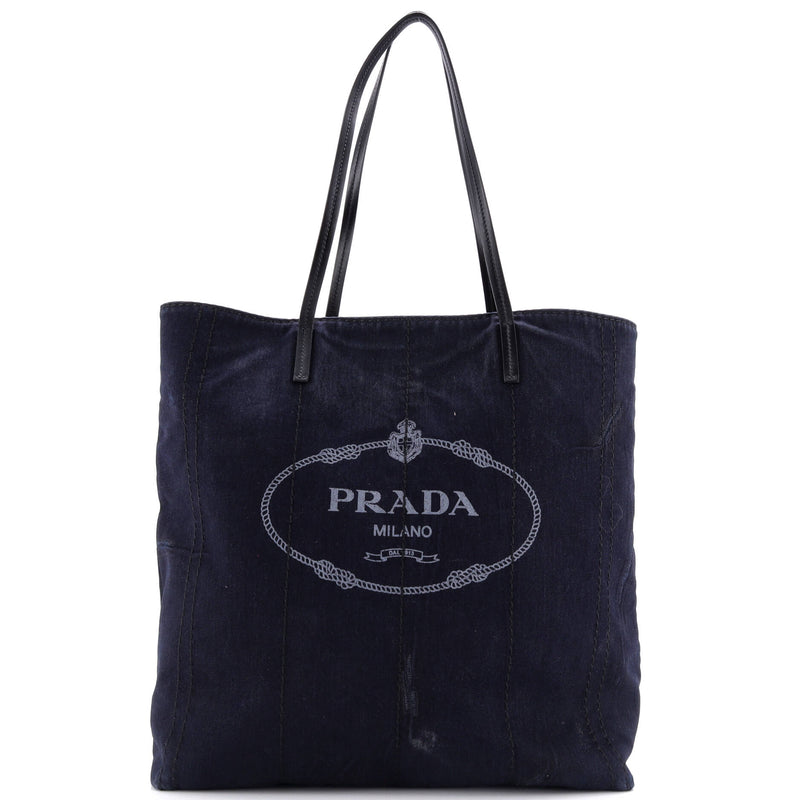 Prada Logo Shopping Tote Denim And Linen