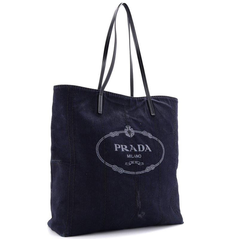 Prada Logo Shopping Tote Denim And Linen