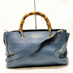 Gucci Hand Bag Bamboo Navy Blue Leather