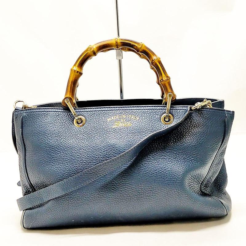 Gucci Hand Bag Bamboo Navy Blue Leather