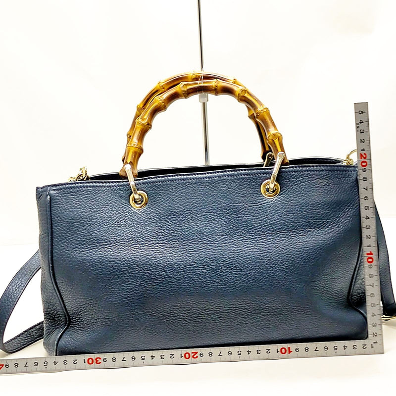 Gucci Hand Bag Bamboo Navy Blue Leather