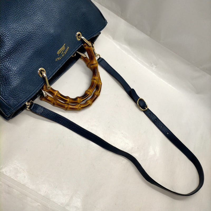 Gucci Hand Bag Bamboo Navy Blue Leather