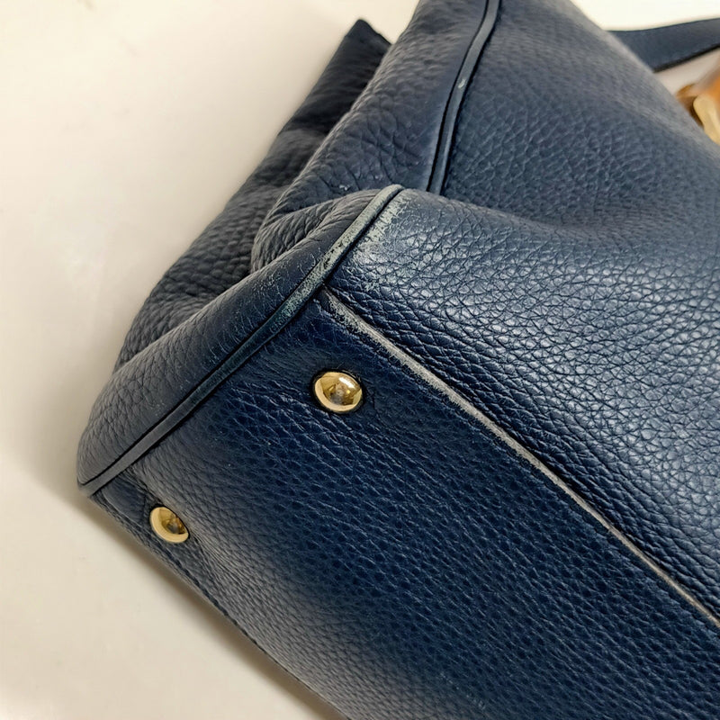 Gucci Hand Bag Bamboo Navy Blue Leather