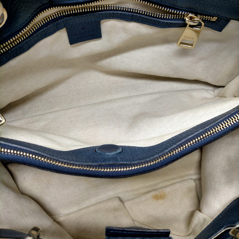 Gucci Hand Bag Bamboo Navy Blue Leather
