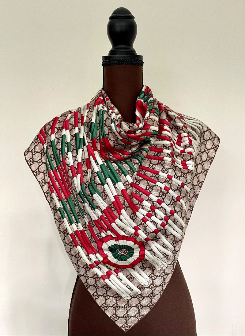 Gucci Scarf Gg Logo Club Brown Beige Red