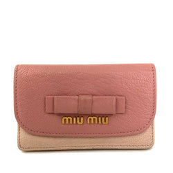Miu Logo Ribbon Madras Leather Card Case