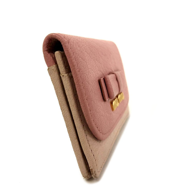 Miu Logo Ribbon Madras Leather Card Case