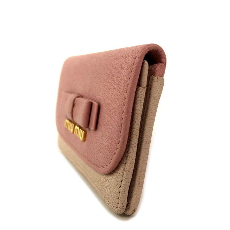 Miu Logo Ribbon Madras Leather Card Case