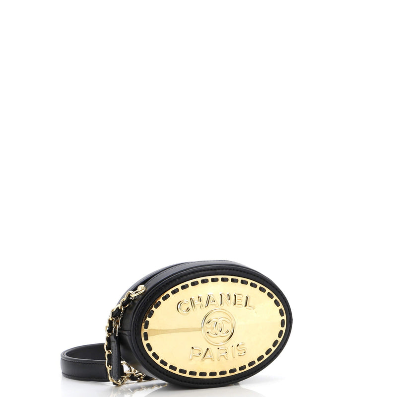 Chanel Logo Plate Oval Clutch With Chain