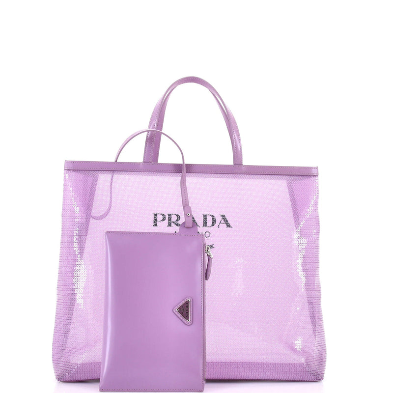 Prada Logo Open Tote Sequined Mesh Large