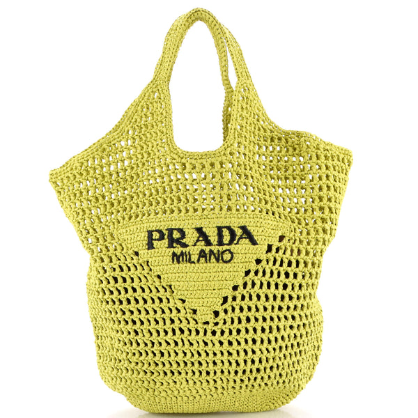 Prada Triangle Logo Bucket Tote Raffia