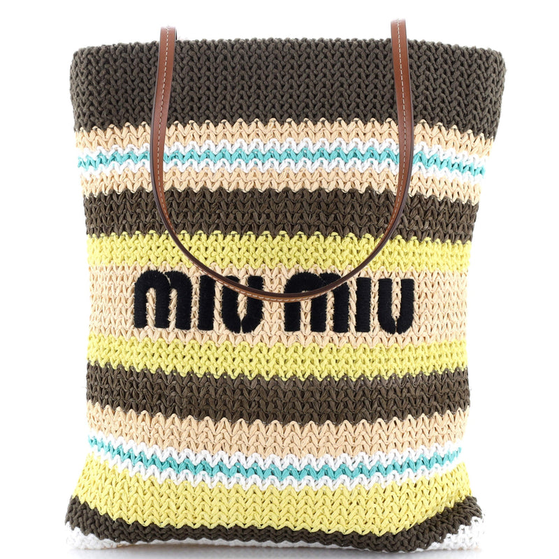 Miu Logo Tote Striped Raffia And Leather