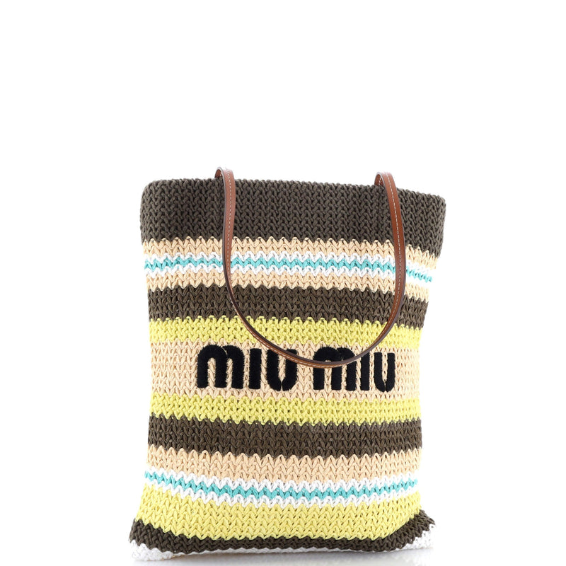 Miu Logo Tote Striped Raffia And Leather